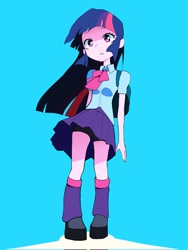 Size: 1537x2048 | Tagged: safe, artist:cheesesauce_45, twilight sparkle, human, equestria girls, g4, blue background, clothes, compression shorts, female, no pupils, open mouth, simple background, skirt, solo, upskirt, windswept hair