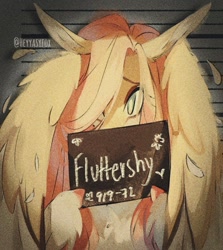 Size: 949x1066 | Tagged: safe, artist:iheyyasyfox, fluttershy, pegasus, pony, g4, barbie, barbie (film), barbie mugshot meme, hair over one eye, looking at you, meme, mugshot, solo