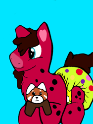 Size: 512x680 | Tagged: safe, artist:cavewolfphil, oc, oc only, pony, red panda, blue background, colt, cyan background, diaper, diaper fetish, fetish, foal, male, non-baby in diaper, plushie, simple background, solo, spots