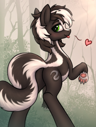 Size: 2125x2800 | Tagged: safe, alternate version, artist:eltaile, oc, oc only, oc:zenawa skunkpony, earth pony, hybrid, pony, skunk, skunk pony, :p, blushing, butt, claws, countershading, forest, forest background, heart, high res, looking at you, looking back, looking back at you, male, outdoors, pale belly, paw pads, paws, plot, raised leg, raised tail, seduction, seductive look, seductive pose, solo, spread legs, spreading, stallion, tail, tongue out