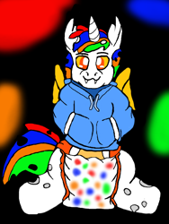 Size: 512x680 | Tagged: safe, artist:cavewolfphil, oc, oc:fruitcake, changeling, changeling oc, clothes, diaper, diaper fetish, fetish, hoodie, non-baby in diaper, simple background, white changeling