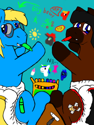Size: 512x680 | Tagged: safe, artist:cavewolfphil, oc, oc:blue wax, pony, crayon, crayon drawing, diaper, diaper fetish, fetish, glasses, male, non-baby in diaper, stallion, traditional art, wall drawing