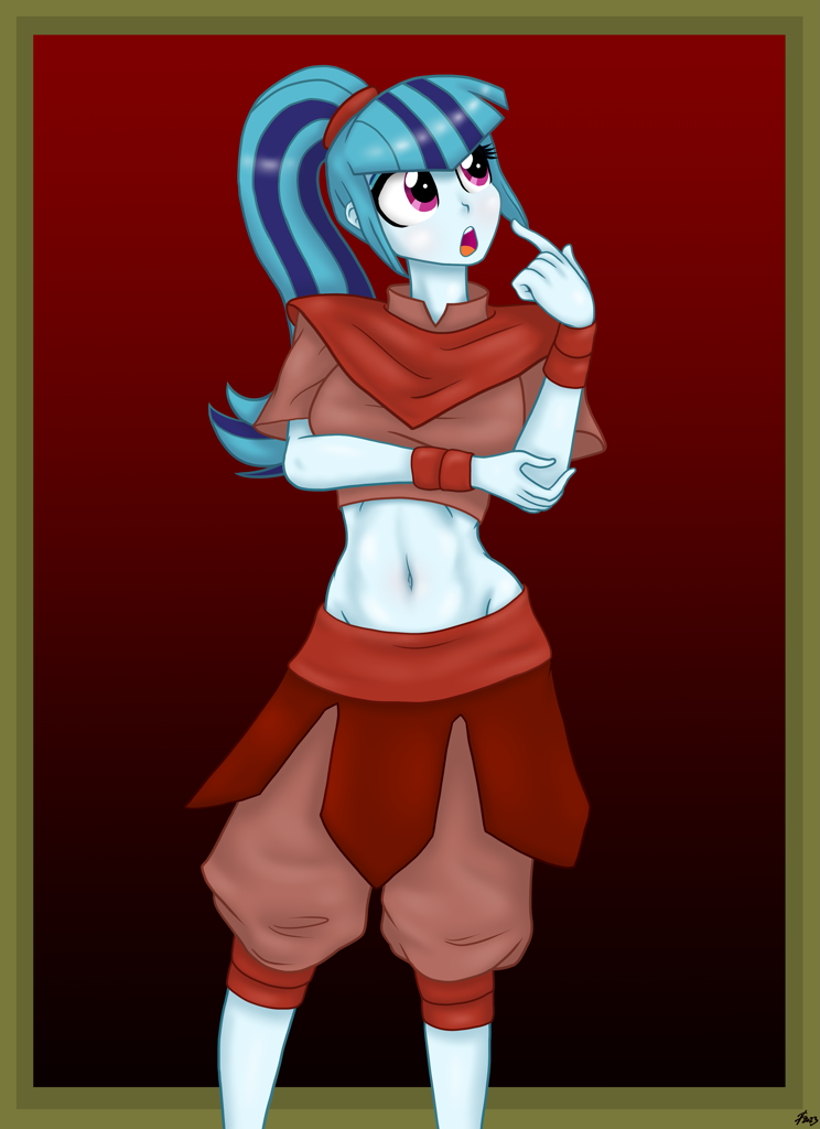 [avatar the last airbender,crossover,equestria girls,female,frame,human,midriff,open mouth,safe,solo,ty lee,clothes swap,gradient background,sonata dusk,part of a set,wristband,red background,artist:lennondash]