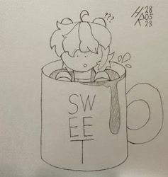 Size: 2791x2950 | Tagged: safe, artist:hardrock, oc, oc only, oc:walter evans, pony, blushing, cup, cup of pony, high res, male, micro, pencil drawing, solo, stallion, surprised, teacup, traditional art