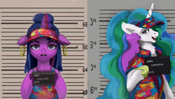 Size: 1920x1080 | Tagged: safe, artist:hierozaki, princess celestia, twilight sparkle, alicorn, pony, g4, barbie, barbie (film), barbie mugshot meme, floppy ears, ken, meme, mugshot