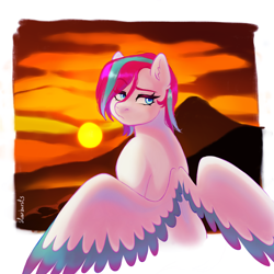 Size: 3000x3000 | Tagged: safe, artist:starsbursts, zipp storm, pegasus, pony, g5, adorazipp, alternate hairstyle, cloud, cute, eyebrows, female, high res, looking at you, mare, markings, mountain, raised eyebrow, solo, sunset