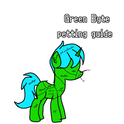 Size: 1280x1280 | Tagged: safe, artist:joeydr, oc, oc only, oc:green byte, pony, unicorn, male, meme, petting guide, simple background, solo, stallion, text, white background