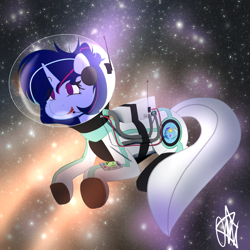 Size: 3800x3800 | Tagged: safe, artist:ermecg, oc, oc only, oc:bellatrix, pony, unicorn, astronaut, eyes open, happy, high res, open mouth, solo, space, space background, space helmet, spacesuit, stars