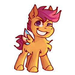 Size: 1600x1600 | Tagged: safe, artist:clawsomebeats, scootaloo, pegasus, pony, g4, chest fluff, colored wings, colored wingtips, colt, foal, grin, leg fluff, looking at you, male, one eye closed, pride, pride flag, rule 63, scooteroll, simple background, smiling, solo, spread wings, trans male, transgender, transgender pride flag, white background, wings, wink