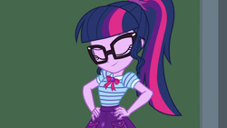 Size: 1920x1080 | Tagged: safe, screencap, sci-twi, twilight sparkle, human, equestria girls, equestria girls specials, g4, my little pony equestria girls: better together, my little pony equestria girls: holidays unwrapped, the cider louse fools, bowtie, chalkboard, eyebrows, eyes closed, female, geode of telekinesis, glasses, hand on hip, jewelry, magical geodes, necklace, ponytail, raised eyebrow, smiling, smirk, solo