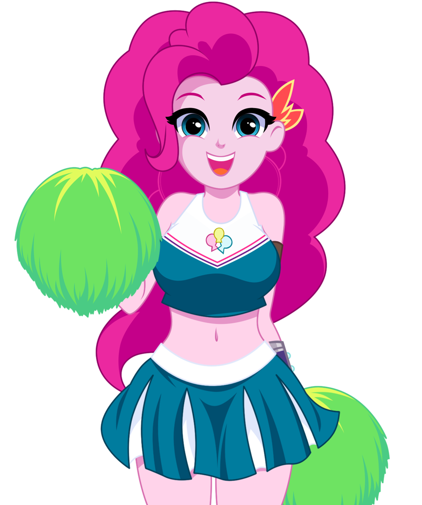 [belly button,breasts,cheerleader,clothes,cute,equestria girls,female,happy,human,looking at you,midriff,miniskirt,pinkie pie,pom pom,safe,simple background,skirt,solo,sports bra,white background,diapinkes,cheerleader pinkie,sleeveless,updated design,smiling,bare shoulders,pleated skirt,busty pinkie pie,artist:rosemile mulberry]