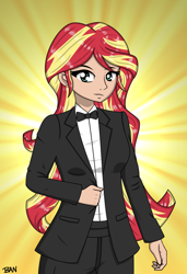 Size: 1796x2628 | Tagged: safe, artist:banquo0, part of a set, sunset shimmer, human, equestria girls, g4, bowtie, clothes, female, human coloration, pants, shirt, solo, suit, tuxedo