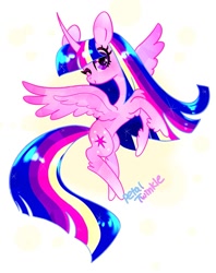 Size: 1013x1280 | Tagged: safe, artist:petaltwinkle, twilight sparkle, alicorn, pony, g4, female, looking at you, mare, one eye closed, signature, smiling, smiling at you, solo, sparkles, spread wings, starry eyes, twilight sparkle (alicorn), wingding eyes, wings, wink, winking at you
