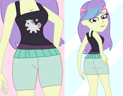 Size: 2854x2233 | Tagged: safe, artist:rainbowstarcolour262, snow flower, human, equestria girls, g4, ass, breasts, busty snow flower, butt, cleavage, clothes, cutie mark on clothes, dyed hair, female, hand on hip, headband, high res, lipstick, looking down, shorts, snowbutt, solo, standing, tank top