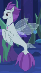 Size: 270x480 | Tagged: safe, screencap, drizzling sky, seapony (g4), g4, surf and/or turf, bubble, cropped, dorsal fin, fin, fin wings, fins, fish tail, flowing mane, flowing tail, jewelry, male, necklace, ocean, scales, seaquestria, seaweed, smiling, solo, swimming, tail, underwater, water, wings