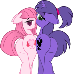 Size: 689x696 | Tagged: safe, artist:lilylocket, artist:muhammad yunus, oc, oc only, oc:annisa trihapsari, oc:violetta cuddles belle, earth pony, pony, unicorn, adorasexy, annibutt, base used, butt, butt focus, butt to butt, butt touch, cute, duo, duo female, earth pony oc, female, lesbian, looking at you, looking back, looking back at you, mare, plot, plot pair, ponytail, sexy, simple background, smiling, smiling at you, sultry pose, transparent background