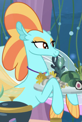 Size: 485x720 | Tagged: safe, screencap, sundown horizon, seapony (g4), g4, surf and/or turf, bubble, cropped, eyeshadow, female, fin wings, fins, food, makeup, ocean, platter, seaquestria, seaweed, smiling, solo, swimming, underwater, water, wings