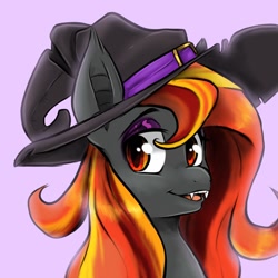 Size: 1280x1280 | Tagged: safe, artist:smirk, oc, oc only, oc:spirit harvest, bat pony, hybrid, pegasus, pony, bust, commission, cute, ear fluff, fangs, female, halloween, hat, holiday, multicolored eyes, multicolored hair, open mouth, purple background, simple background, solo, witch hat