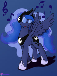 Size: 1500x1995 | Tagged: safe, artist:passionpanther, princess luna, alicorn, pony, series:ponies with headphones, g4, blue background, dramatic pose, eyes closed, headphones, music notes, simple background, solo, spread wings, vibing, wings