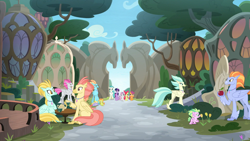 Size: 1920x1080 | Tagged: safe, screencap, apple bloom, coral dust, coral sunburst, flush typhoon, misty shores, papaya bay, poppy seagrass, scootaloo, sundown horizon, sweetie belle, terramar, twilight sparkle, wind storm, alicorn, classical hippogriff, earth pony, hippogriff, pegasus, pony, unicorn, g4, surf and/or turf, apple, background hippogriff, cutie mark crusaders, female, filly, foal, food, gate, hippogriffia, male, mare, outdoors, twilight sparkle (alicorn), unnamed character, unnamed hippogriff, youtube link