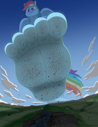 Size: 2210x2856 | Tagged: safe, artist:az12lol, rainbow dash, human, pegasus, anthro, plantigrade anthro, g4, barefoot, barefooting, crush fetish, crushing, dirt, dirty, dirty feet, feet, female, fetish, foot fetish, foot focus, giantess, giga, giga giant, goddess, high res, macro, mega giant, soles, solo, sweat, toes