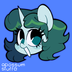 Size: 1100x1100 | Tagged: safe, artist:opossum-stuff, oc, oc only, oc:aquaria lance, pony, unicorn, blue background, bust, happy, portrait, simple background, solo