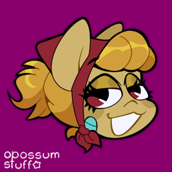 Size: 1100x1100 | Tagged: safe, artist:opossum-stuff, oc, oc only, oc:bowel grinder, oc:gear shift, earth pony, pony, bandage, bandana, happy, ponytail, purple background, simple background, solo, split personality