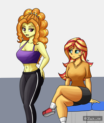 Size: 1400x1650 | Tagged: safe, artist:zachc, adagio dazzle, sunset shimmer, human, equestria girls, g4, breasts, busty adagio dazzle, busty sunset shimmer, clothes, crossed legs, duo, duo female, female, looking at each other, looking at someone, shirt, shorts, sitting, tank top