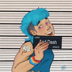 Size: 1280x1280 | Tagged: safe, artist:honey_baco, rainbow dash, human, g4, alternative cutie mark placement, barbie, barbie (film), barbie mugshot meme, cutie mark tattoo, female, humanized, looking at you, meme, mugshot, narrowed eyes, open mouth, open smile, shoulder cutie mark, smiling, smiling at you, solo, tattoo