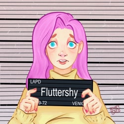 Size: 1280x1280 | Tagged: safe, artist:honey_baco, fluttershy, human, g4, barbie, barbie (film), barbie mugshot meme, blank expression, clothes, female, humanized, looking at you, meme, mugshot, solo, sweater, sweatershy