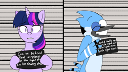Size: 1920x1080 | Tagged: safe, artist:annazeee, twilight sparkle, bird, blue jay, pony, unicorn, anthro, g4, airplanes (song), anthro with ponies, barbie, barbie (film), barbie mugshot meme, blushing, crossing the memes, crossover, crossover shipping, duo, duo male and female, female, grin, hoof hold, looking at you, lyrics, male, mare, meme, mordecai, mordetwi, mugshot, one eye closed, regular show, shipping, smiling, smiling at you, straight, sweat, sweatdrop, text, wink, winking at you