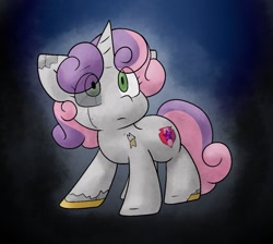 Size: 1023x917 | Tagged: safe, artist:zutcha, sweetie belle, gynoid, pony, robot, robot pony, unicorn, g4, abstract background, eye clipping through hair, fanfic, fanfic art, fanfic cover, female, filly, foal, looking up, solo, sweetie bot