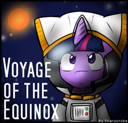 Size: 1765x1706 | Tagged: safe, artist:zutcha, twilight sparkle, pony, unicorn, fanfic:voyage of the equinox, g4, fanfic, fanfic art, fanfic cover, female, headset, looking at you, mare, solo, space, spacesuit, unicorn twilight