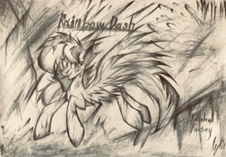 Size: 2209x1537 | Tagged: safe, artist:lydia, rainbow dash, fanfic:rainbow factory, g4, blood, confusion, crazy face, dark, faic, fanfic art, paper, pencil drawing, rainbow factory dash, sketch, spread wings, traditional art, wings
