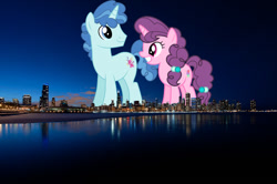 Size: 1024x681 | Tagged: safe, anonymous editor, artist:ambassad0r, artist:dashiesparkle, edit, party favor, sugar belle, pony, unicorn, g4, chicago, duo, female, giant pony, giant unicorn, giantess, highrise ponies, illinois, irl, macro, male, mare, mega giant, photo, ponies in real life, stallion