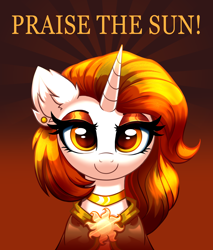 Size: 4000x4684 | Tagged: safe, alternate version, artist:confetticakez, oc, oc only, oc:aurora shinespark, pony, unicorn, absurd resolution, bust, ear fluff, female, gradient background, lidded eyes, looking at you, mare, not daybreaker, praise the sun, smiling, smiling at you, solo, text