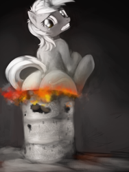 Size: 900x1200 | Tagged: safe, artist:kheltari, lyra heartstrings, pony, unicorn, g4, barrel, burned, burned butt, butt, butt fire, commission, female, fetish, fire, gritted teeth, literal butthurt, looking back, mare, pain, partial color, plot, solo, teary eyes, teeth, wide eyes