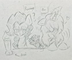 Size: 3508x2920 | Tagged: safe, artist:rony, oc, oc only, oc:rampage, oc:rony bistear, earth pony, pony, unicorn, fallout equestria, fallout equestria: project horizons, confession, cute, drunk, fanfic art, high res, traditional art