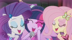 Size: 1920x1080 | Tagged: safe, screencap, fluttershy, rarity, twilight sparkle, human, equestria girls, g4, my little pony equestria girls: rainbow rocks, perfect day for fun, eyes closed, female, microphone, open mouth, trio