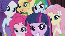 Size: 1920x1080 | Tagged: safe, screencap, applejack, fluttershy, pinkie pie, rainbow dash, rarity, twilight sparkle, human, equestria girls, g4, my little pony equestria girls: rainbow rocks, perfect day for fun, female, grin, group, humane five, humane six, looking at you, open mouth, open smile, sextet, smiling, smiling at you