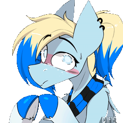 Size: 2560x2560 | Tagged: safe, alternate character, alternate version, artist:difis, oc, oc only, oc:azure opus, pegasus, pony, animated, big eyes, blind, blushing, clothes, colored hooves, commission, cute, ear piercing, female, fingers together, gif, high res, mare, piercing, ponytail, scarf, shy, simple background, solo, striped scarf, transparent background, two toned mane, ych result