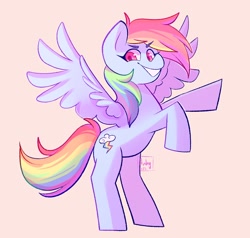 Size: 1464x1392 | Tagged: safe, artist:anyhdm, rainbow dash, pegasus, pony, g4, eyebrows, eyebrows visible through hair, female, looking at you, mare, signature, simple background, smiling, smiling at you, solo, spread wings, wings