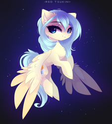 Size: 2317x2567 | Tagged: safe, artist:red_tsukini, oc, oc only, oc:aqua everglow, pegasus, pony, chest fluff, eyebrows, eyebrows visible through hair, female, high res, looking at you, mare, pegasus oc, signature, solo, spread wings, wings