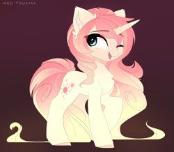 Size: 2719x2369 | Tagged: safe, artist:red_tsukini, oc, oc only, oc:radiant soirée, pony, unicorn, chest fluff, eyebrows, eyebrows visible through hair, female, gradient background, high res, horn, looking at you, magical lesbian spawn, mare, offspring, one eye closed, open mouth, open smile, parent:pinkie pie, parent:princess celestia, parents:pinkielestia, raised hoof, signature, smiling, smiling at you, solo, unicorn oc, wink, winking at you