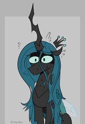 Size: 1242x1808 | Tagged: safe, artist:icey, queen chrysalis, changeling, changeling queen, g4, eyebrows, eyebrows visible through hair, fangs, featured image, female, floppy ears, looking at you, nervous, nervous sweat, shrunken pupils, sitting, solo, surprised, sweat, sweatdrop, wide eyes
