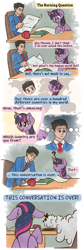 Size: 1009x3000 | Tagged: safe, artist:cadetredshirt, twilight sparkle, alicorn, human, g4, ace attorney, chibi, comic, commission, context in comments, crossover, digital art, floppy ears, newspaper, panels, phoenix wright, reading, simple background, sitting, speech bubble, text, twilight sparkle (alicorn)