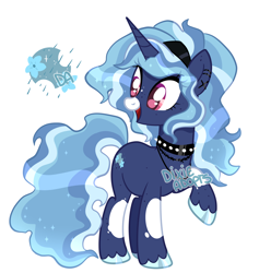Size: 2000x2108 | Tagged: safe, artist:dixieadopts, oc, oc only, oc:blue spirit, pony, unicorn, body freckles, choker, colored hooves, colored muzzle, ear piercing, earring, eye clipping through hair, female, freckles, gradient mane, gradient tail, hairband, high res, hoof polish, jewelry, leg freckle, looking back, magenta eyes, mare, necklace, offspring, open mouth, parent:oc, parent:shining armor, parents:canon x oc, piercing, raised hoof, simple background, smiling, solo, sparkly mane, sparkly tail, spiked choker, standing, tail, transparent background, turned head, unshorn fetlocks