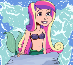 Size: 883x794 | Tagged: safe, artist:ocean lover, princess cadance, human, mermaid, g4, ariel, bare shoulders, belly, belly button, bra, breasts, cleavage, clothes, curvy, cutedance, disney, disney princess, disney style, female, fins, fish tail, happy, hourglass figure, human coloration, humanized, lips, lipstick, long hair, mermaid princess, mermaid tail, mermaidized, mermay, midriff, ms paint, multicolored hair, ocean, part of your world, pink lipstick, pose, pretty, purple eyes, reference, rock, seashell, seashell bra, singing, sky, smiling, species swap, tail, tail fin, the little mermaid, underwear, water, wave