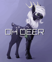 Size: 476x560 | Tagged: safe, artist:stardustspix, oc, oc only, oc:seiðvind, cyborg, deer, amputee, animated, antlers, coat markings, colored eyebrows, colored eyelashes, deer oc, extreme speed animation, facial markings, gif, green eyes, low area flashing, male, non-pony oc, prosthetic leg, prosthetic limb, prosthetics, pun, purple coat, solo, text, white mane