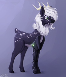 Size: 3400x4000 | Tagged: safe, artist:stardustspix, oc, oc only, oc:seiðvind, deer, amputee, antlers, cloven hooves, coat markings, colored eyebrows, colored eyelashes, deer oc, facial markings, green eyes, high res, male, non-pony oc, prosthetic leg, prosthetic limb, prosthetics, purple coat, solo, white mane